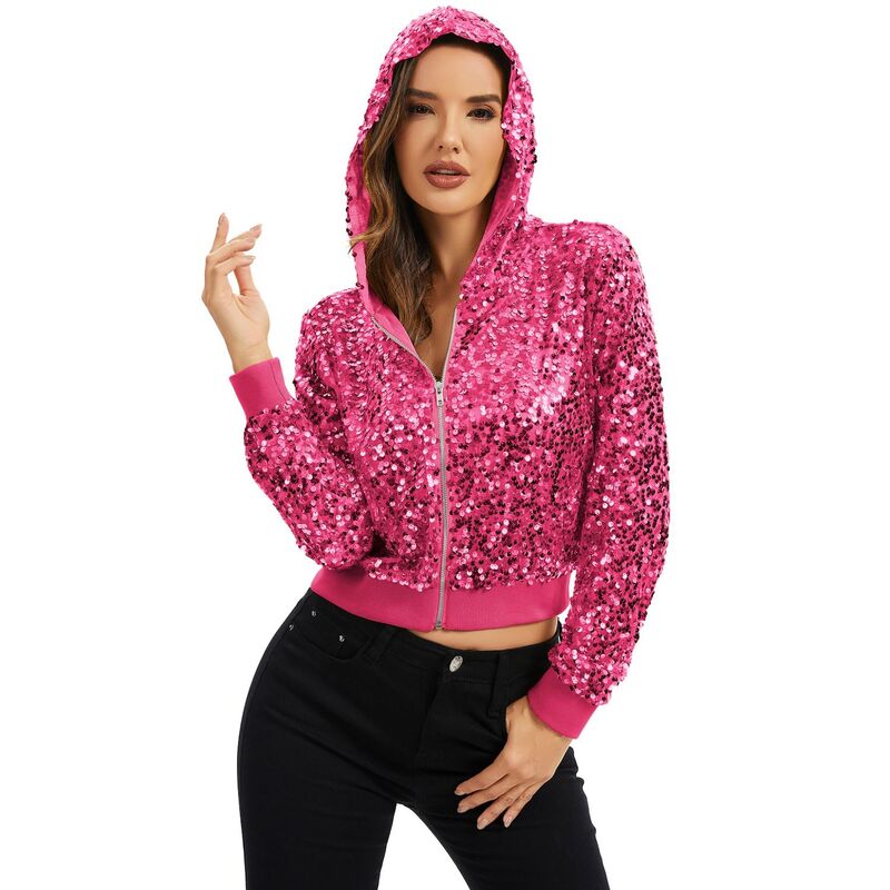 アンナカシ レディース アウター 上衣・上衣 フーデッドジャケット 肋材 スパンコール Anna-Kaci Women\u0027sequin Zip-Up Hooded Jacket with Ribbed Hem and Long Sleeves for Party Wear Hot Pink サクラ色