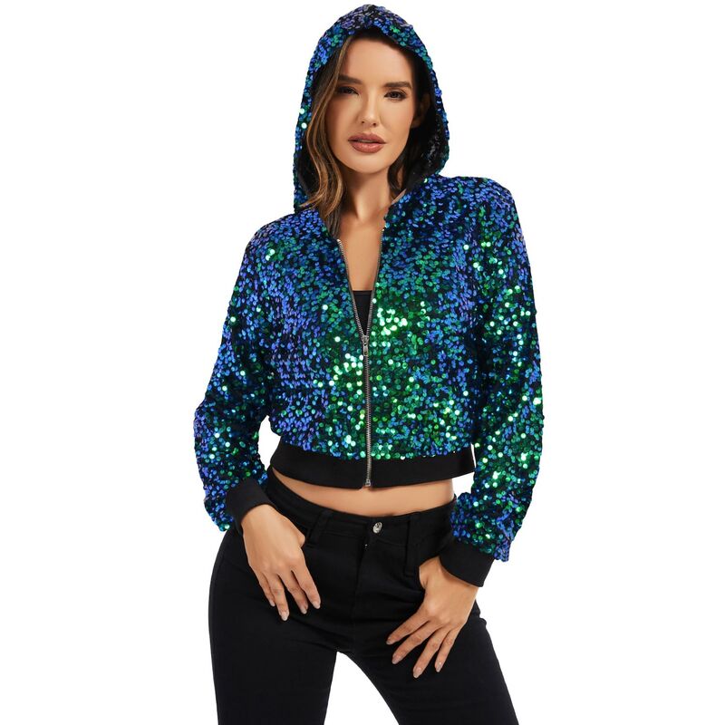 アンナカシ レディース アウター 上衣・上衣 フーデッドジャケット 肋材 スパンコール Anna-Kaci Women\u0027sequin Zip-Up Hooded Jacket with Ribbed Hem and Long Sleeves for Party Wear Mermaid