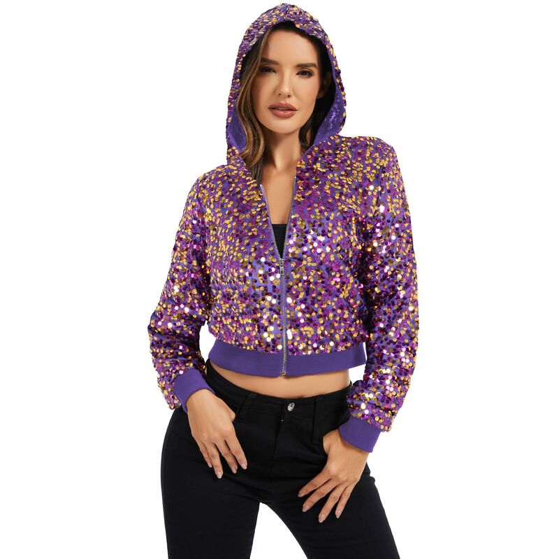 アンナカシ レディース アウター 上衣・上衣 フーデッドジャケット 肋材 スパンコール Anna-Kaci Women\u0027sequin Zip-Up Hooded Jacket with Ribbed Hem and Long Sleeves for Party Wear Purple Gold パープル