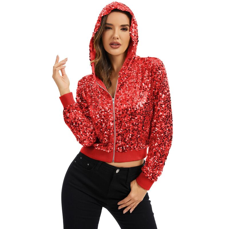 アンナカシ レディース アウター 上衣・上衣 フーデッドジャケット 肋材 スパンコール Anna-Kaci Women\u0027sequin Zip-Up Hooded Jacket with Ribbed Hem and Long Sleeves for Party Weared 赤いこと