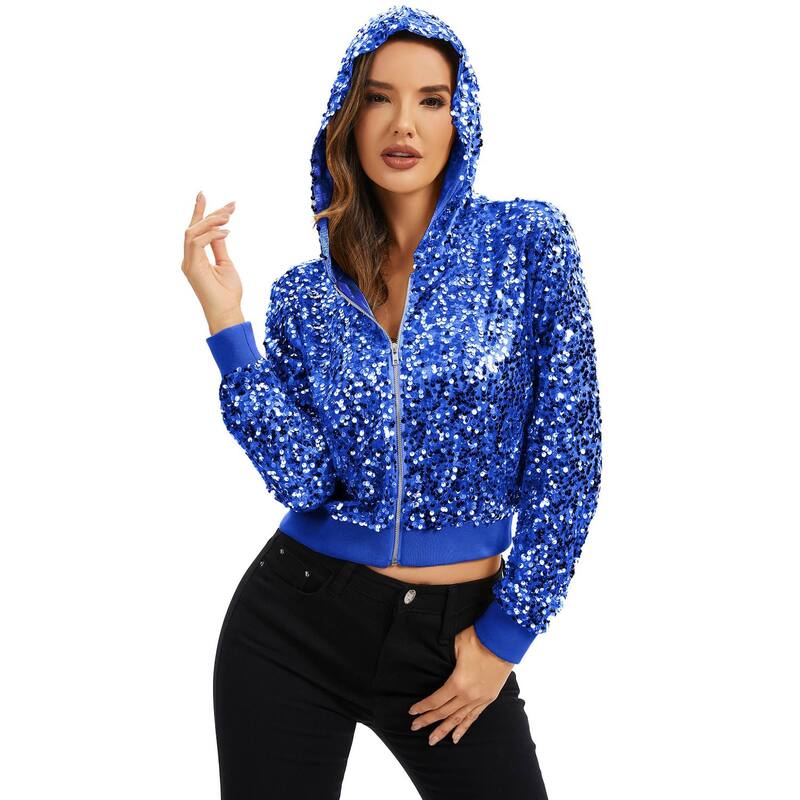 アンナカシ レディース アウター 上衣・上衣 フーデッドジャケット 肋材 スパンコール Anna-Kaci Women\u0027sequin Zip-Up Hooded Jacket with Ribbed Hem and Long Sleeves for Party Wearoyal Blue 青色