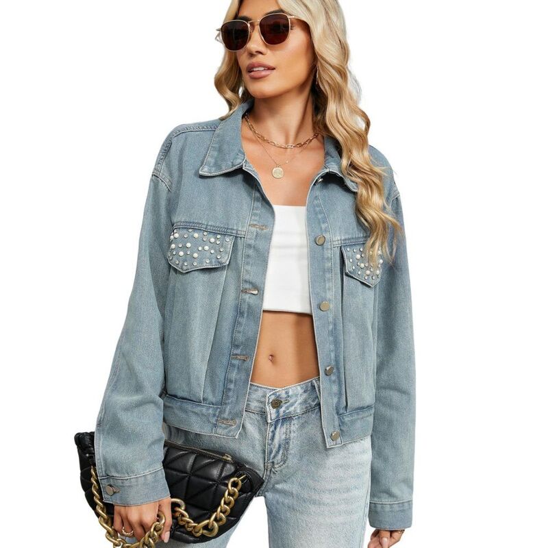 救い主流行り物 レディース アウター 上衣・上衣 厚地の外套 刺しゅう ジーンズ デニム Yesfashion Womens Denim Jacket Embroidered Pearls Beading Jeans Coat Short Fall Coats Light Blue 青色