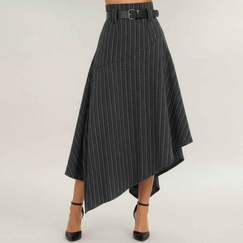 アンナカシ レディース ボトムスカート アシンメトリー ハイウエスト ミディ Anna-Kaci Women's Asymmetrical Pinstripe Midi Skirt withigh Waist and Tailoredraping Black ブラック｜ReVida 店