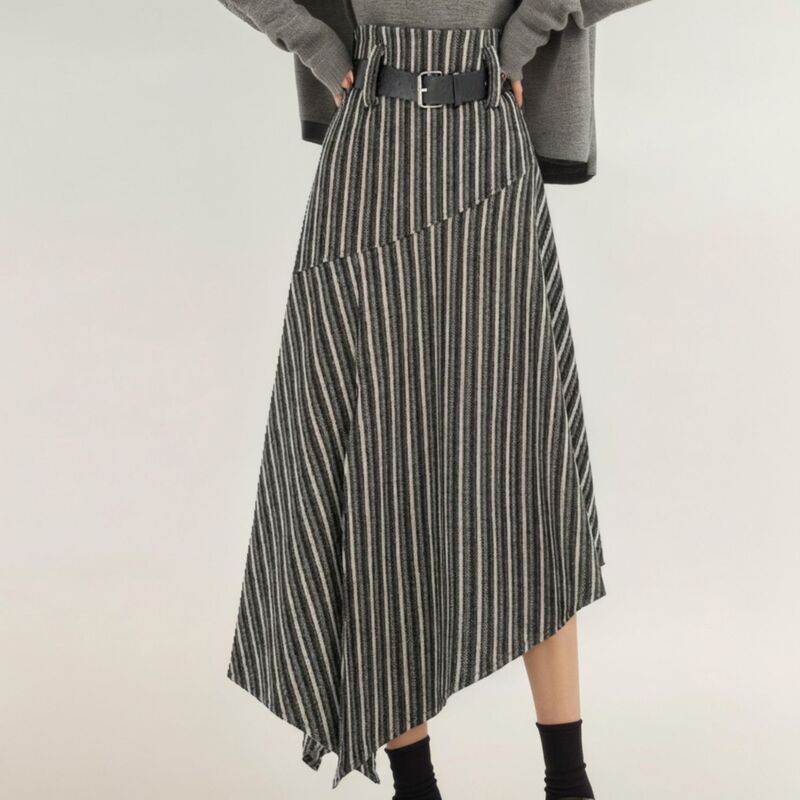 アンナカシ レディース ボトムスカート アシンメトリー ハイウエスト ミディ Anna-Kaci Women's Asymmetrical Pinstripe Midi Skirt withigh Waist and Tailoredraping Khaki カーキ｜ReVida 店