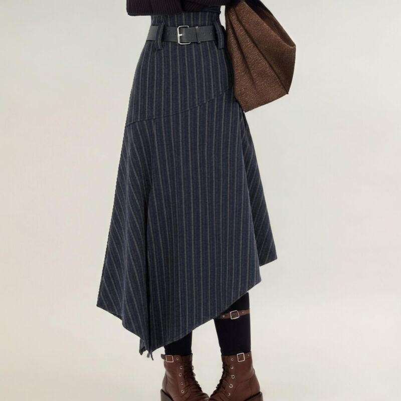 アンナカシ レディース ボトムスカート アシンメトリー ハイウエスト ミディ Anna-Kaci Women's Asymmetrical Pinstripe Midi Skirt withigh Waist and Tailoredraping Navy ネイビー｜ReVida 店