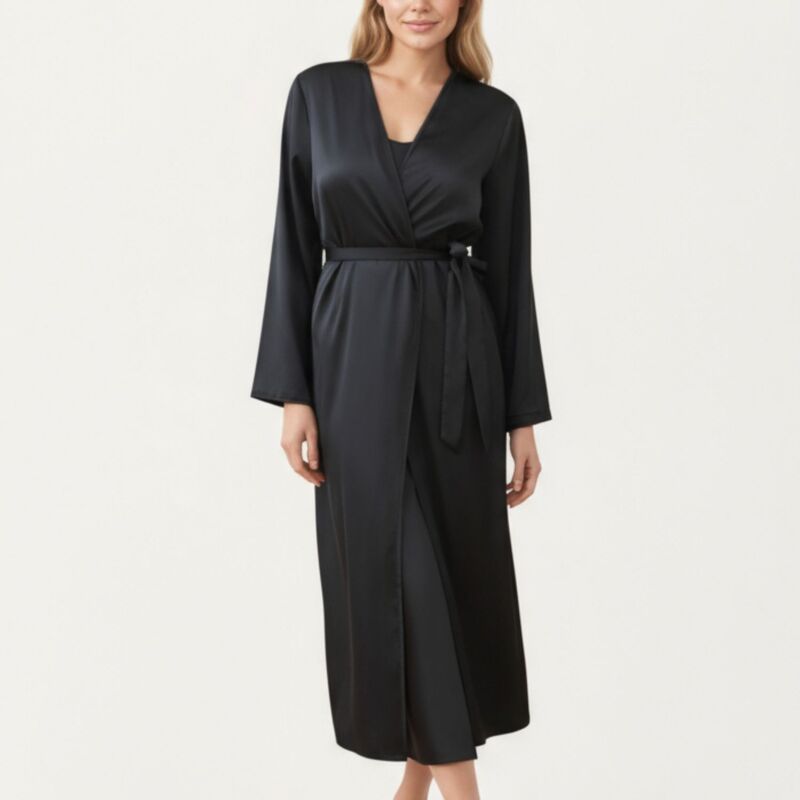 アンナカシ レディース アンダーお召しもの ナイト爵お召しもの ドレープ 繻子 Anna-Kaci Women\u0027s Long Satin Wrap Robe with Tie Waist and Relaxedraped Sleeves Black 黒いこと