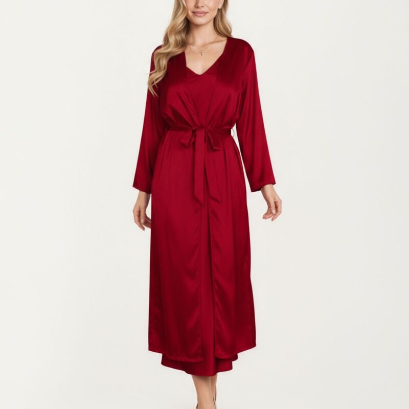 アンナカシ レディース アンダーお召しもの ナイト爵お召しもの ドレープ 繻子 Anna-Kaci Women\u0027s Long Satin Wrap Robe with Tie Waist and Relaxedraped Sleeves Burgundy バーガンディ