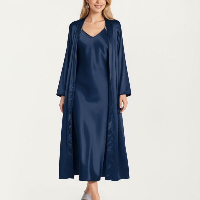 アンナカシ レディース アンダーお召しもの ナイト爵お召しもの ドレープ 繻子 Anna-Kaci Women\u0027s Long Satin Wrap Robe with Tie Waist and Relaxedraped Sleeves Navy 米国海軍