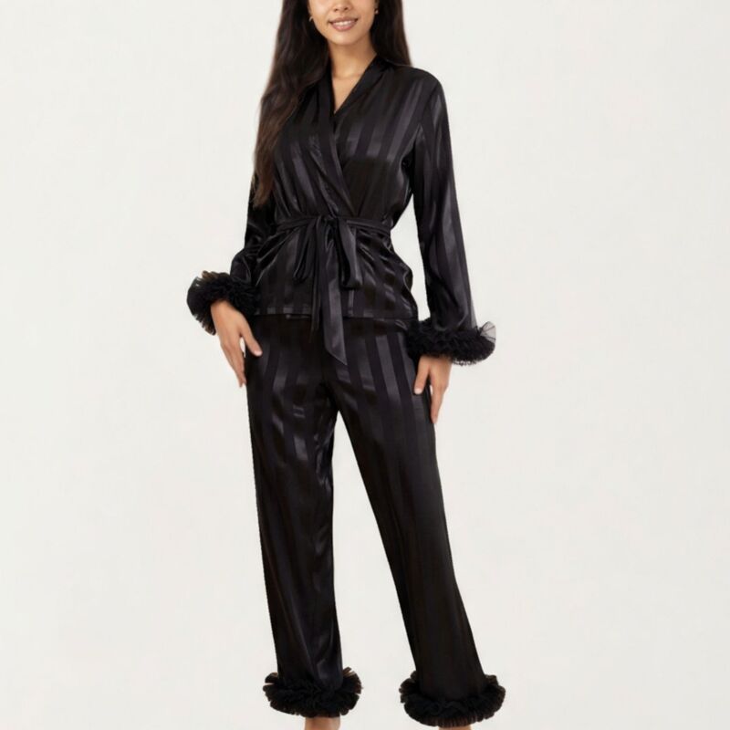 アンナカシ レディース アンダーお召しもの ナイト爵お召しもの ズボン下 繻子 Anna-Kaci Women\u0027s 2-Piece Set Satin Wrap Top with Feather Trim Cuffs and Matching Straight-Leg Pants Black 黒いこと