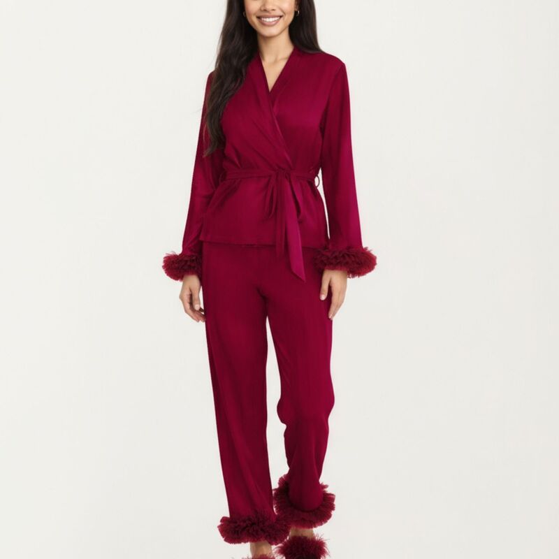アンナカシ レディース アンダーお召しもの ナイト爵お召しもの ズボン下 繻子 Anna-Kaci Women\u0027s 2-Piece Set Satin Wrap Top with Feather Trim Cuffs and Matching Straight-Leg Pants Burgundy バーガンディ