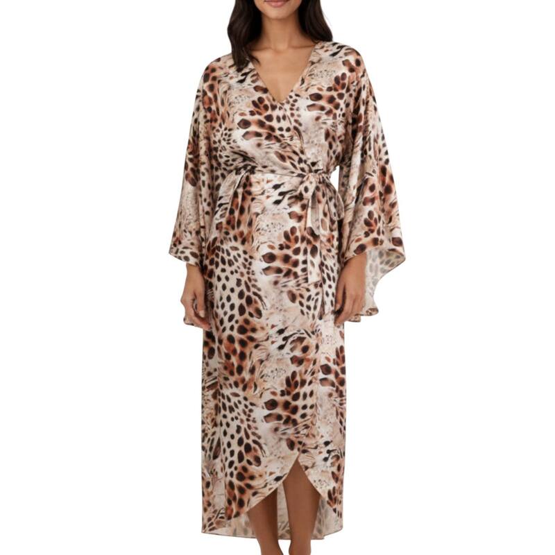 アンナカシ レディース アンダーお召しもの ナイト爵お召しもの ドレープ 繻子 Anna-Kaci Women\u0027s 2-Piece Satin Slip Dress and Kimono Robe Set with Flowing Draped Silhouette Khaki カーキ