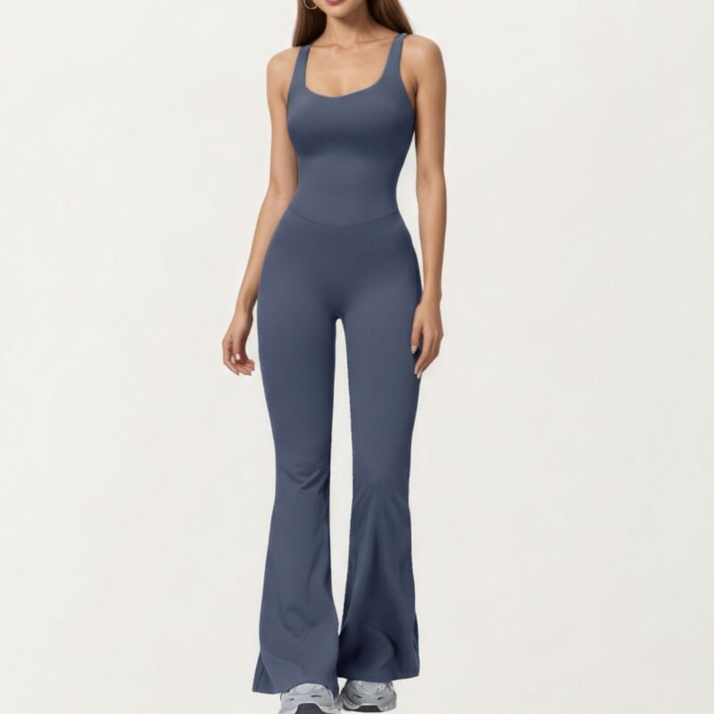 アンナカシ レディース トップス ワンピース フレア ジャンプスーツ Anna-Kaci Women'scoop Neck Flare Leg One-Piece Activewear Jumpsuit with Contoured Fit Blue ブルー|ReVida 店
