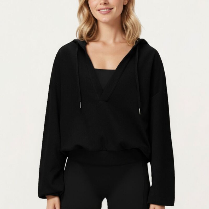 アンナカシ レディース トップス プルオーバー 伸び伸びする相応う 編み物 パーカー Anna-Kaci Women\u0027s Waffle Knit Long Sleeve Active Hoodie Top with Deep V-Neckline Relaxed Fit Black 黒いこと