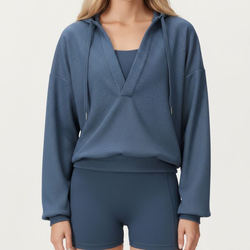 アンナカシ レディース トップス プルオーバー 伸び伸びする相応う 編み物 パーカー Anna-Kaci Women\u0027s Waffle Knit Long Sleeve Active Hoodie Top with Deep V-Neckline Relaxed Fit Blue 青み
