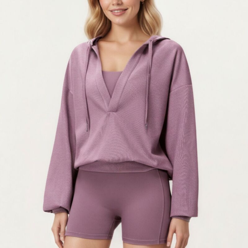 アンナカシ レディース トップス プルオーバー 伸び伸びする相応う 編み物 パーカー Anna-Kaci Women\u0027s Waffle Knit Long Sleeve Active Hoodie Top with Deep V-Neckline Relaxed Fit Mauve Pink サクラ色