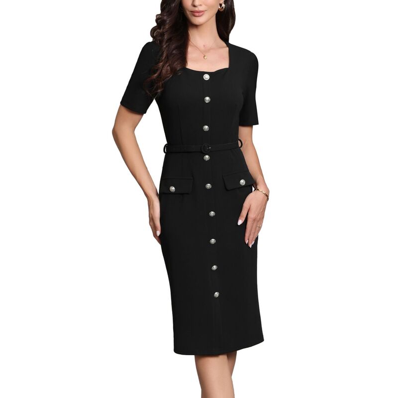 インスパイア シック レディース トップス ワンピース ヴィンテージ ボタンダウン INSPIRE CHIC Work Dress for Women Square Neck Button Down Short Sleeve Vintage Sheath Dresses with Belt Black ブラック|ReVida 店