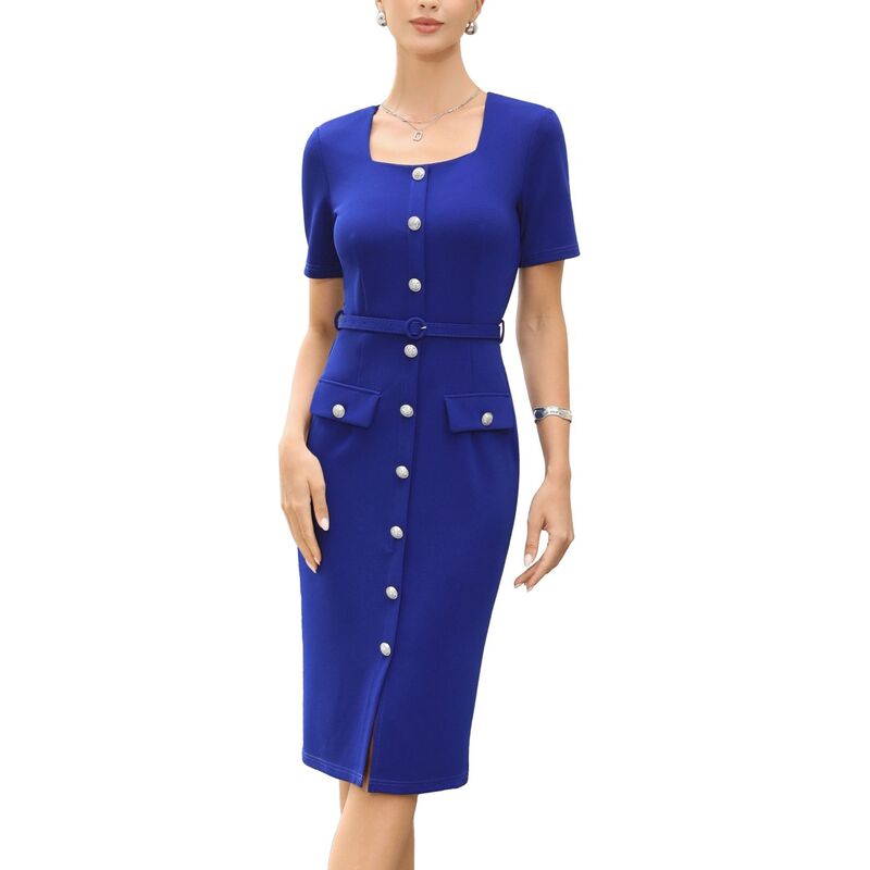 インスパイア シック レディース トップス ワンピース ヴィンテージ ボタンダウン INSPIRE CHIC Work Dress for Women Square Neck Button Down Short Sleeve Vintage Sheath Dresses with Belt Royal Blue ブルー｜ReVida 店