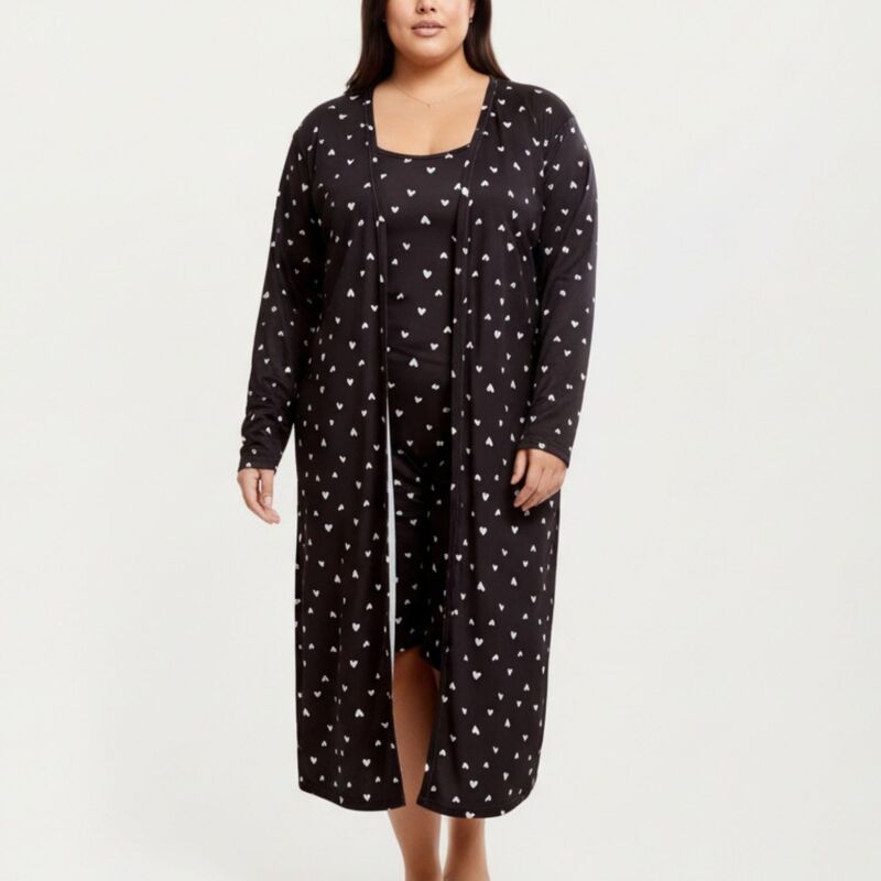 アンナカシ レディース アンダーお召しもの ナイト爵お召しもの 刷り上げる Anna-Kaci Women\u0027 s 2-Piece Set Heart Print Longline Duster and Matching Tank Dress with Soft Stretch Fabric Black 黒いこと