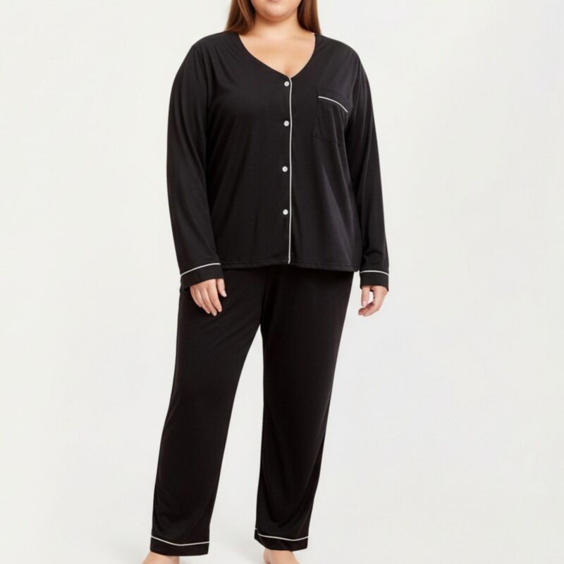 アンナカシ レディース アンダーお召しもの ナイト爵お召しもの ズボン下 Anna-Kaci Women\u0027 s 2-Piece Set Long Sleeve Button-Front Pajama Top and Matching Relaxed Pants Black 黒いこと