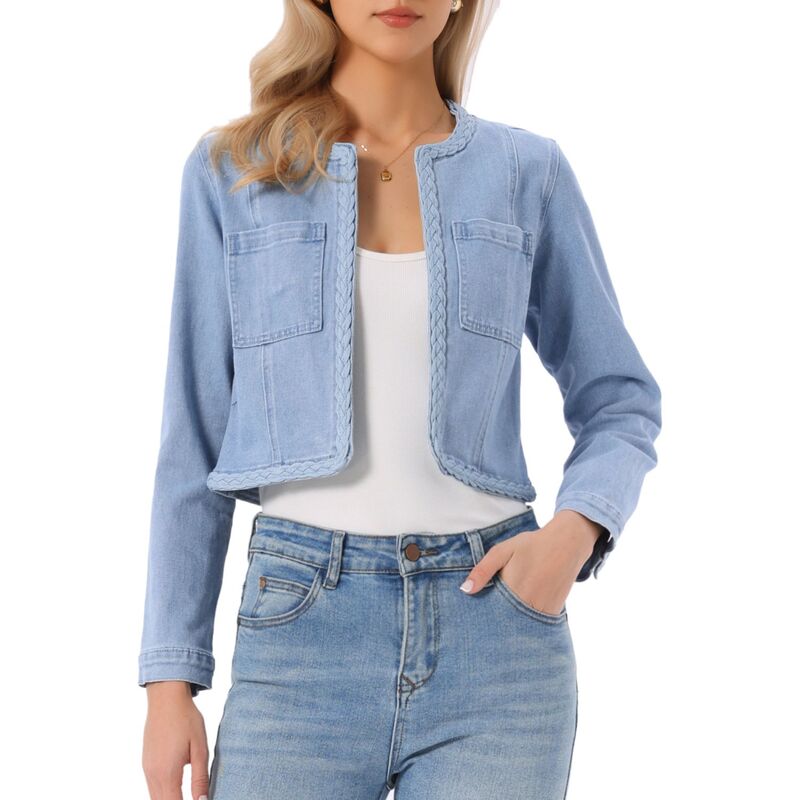 インスパイア 今めかしい レディース アウター 上衣・上衣 厚地の外套 ジーンズ INSPIRE CHIC Denim Jacket for Women\u0027s Collarless Open Front Crop Jean Jackets Coat Light Blue 青色