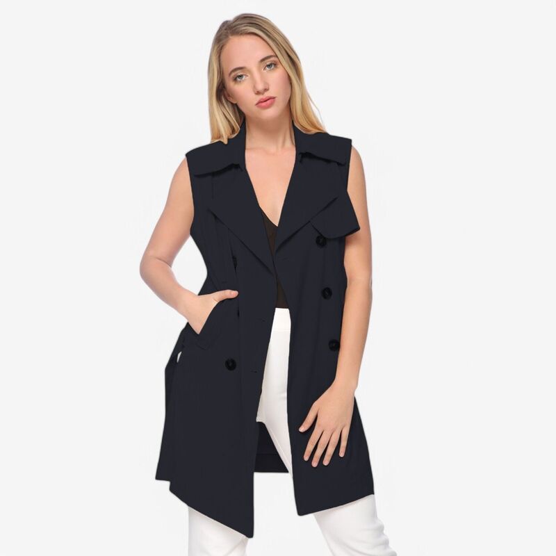 アンナカシ レディース アウター 上衣・上衣 ノースリーブ 厚地の外套 Anna-Kaci Women\u0027sleeveless Trench Coat with Button Front and Pocket Detail Blue 青色