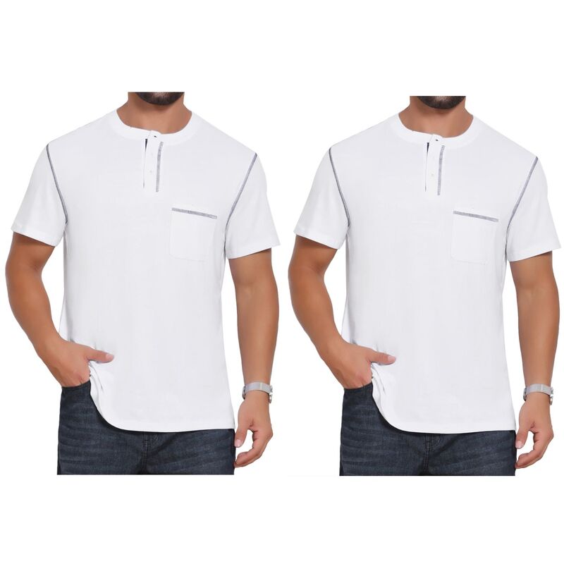 インスパイア シック レディース トップス Tシャツ ボタンダウン クルーネック ダウン INSPIRE CHIC 2 Packs Men's Henley Shirt Crew Neck with Pocket Short Sleeve Button Down T-Shirt White ホワイト｜ReVida 店