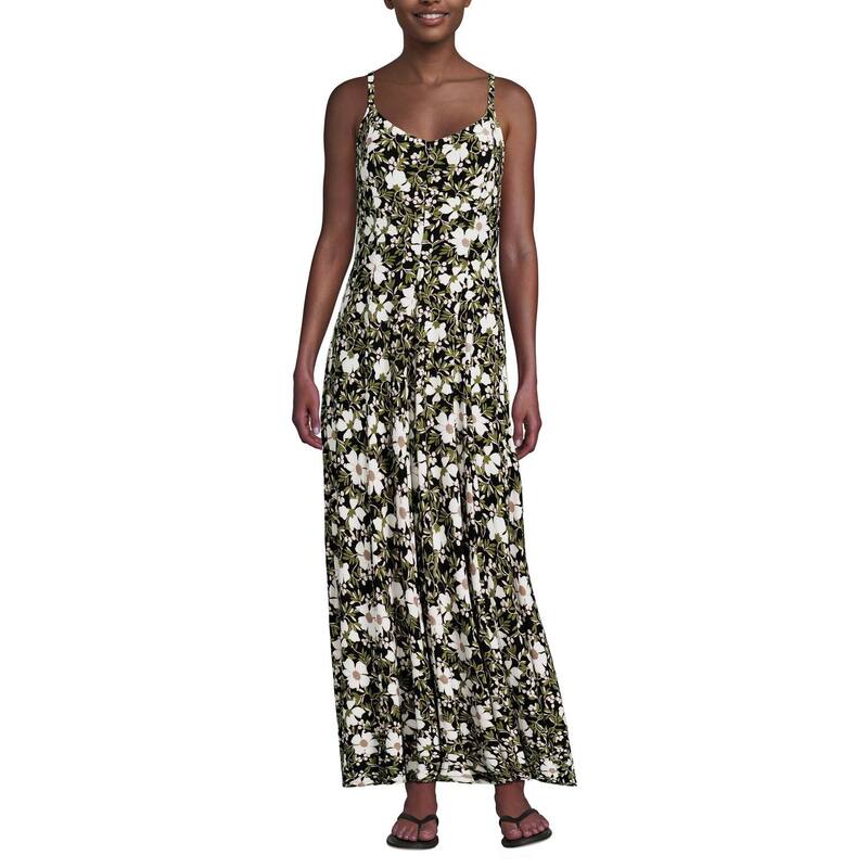 ランズエンド レディース トップス ワンピース シルク ニット マキシ Women's Lands' End Silky Knit Godet Maxi Dress Black Floral Blossom ブラック｜ReVida 店
