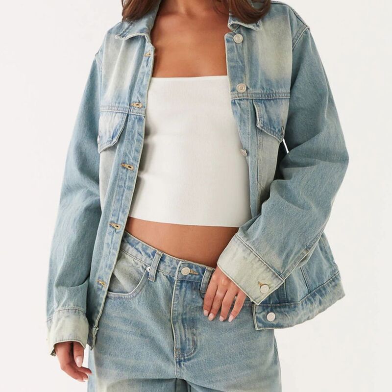 せつ然たる御花 レディース アウター 上衣・上衣 プルオーバー 厚地の外套 ジーンズ ClearFlower Women\u0027s Wash Oversizedenim Trucker Jacket Summer Fall Casual Jean Coat Long Sleeve Button Shirt Blue 青色
