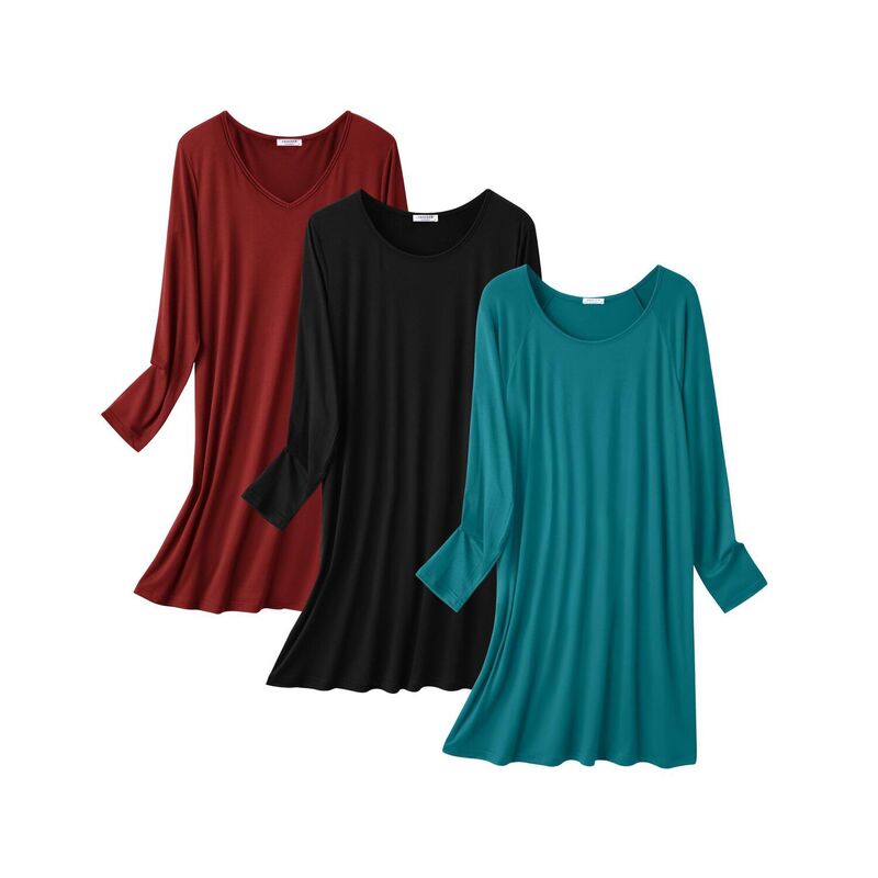 エコアー レディース アンダーお召しもの ナイト爵お召しもの プルオーバー Ekouaer 3 Pack Nightgowns for Women Long Sleeve Sleep Shirt for Adult Soft Boyfriend Pajama Dress Black Blue Green Red 黒いこと