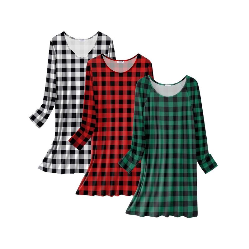 エコアー レディース アンダーお召しもの ナイト爵お召しもの プルオーバー Ekouaer 3 Pack Nightgowns for Women Long Sleeve Sleep Shirt for Adult Soft Boyfriend Pajama Dress Red Green Plaid White 白いこと
