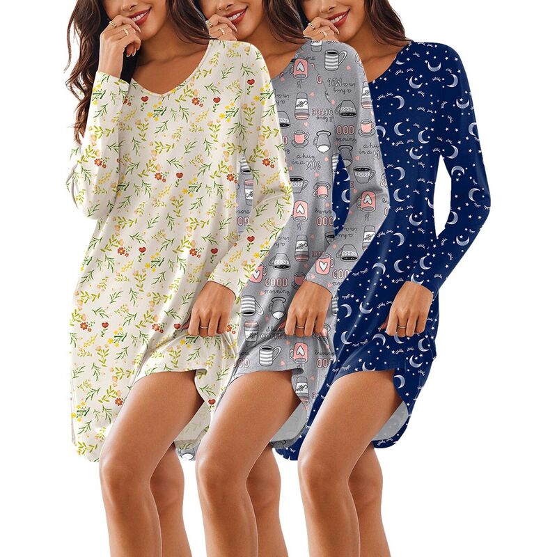 エコアー レディース アンダーお召しもの ナイト爵お召しもの プルオーバー Ekouaer 3 Pack Nightgowns for Women Long Sleeve Sleep Shirt for Adult Soft Boyfriend Pajama Dress Yellow Grey Blue 薄墨色