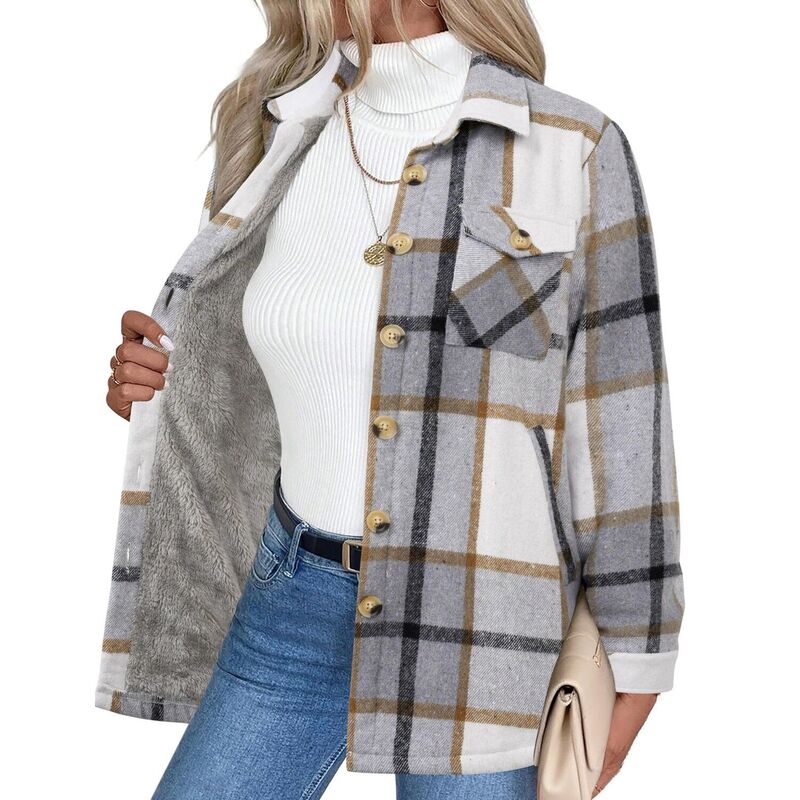 ジーグー レディース アウター 上衣・上衣 厚地の外套 フリース Zeagoo Women\u0027sherpa Jacket Fuzzy Fleece Winter Coat Long Sleeve Plaid Flannel Shacket Grey 薄墨色