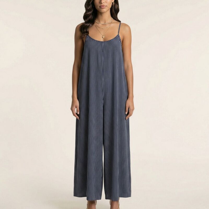 アンナカシ レディース トップス ワンピース ワイドレッグ ノースリーブ ジャンプスーツ Anna-Kaci Sleevelesstriped Wide Leg Jumpsuit with Spaghetti Straps Loose Fit Flowy One Piece Blue ブルー|ReVida 店