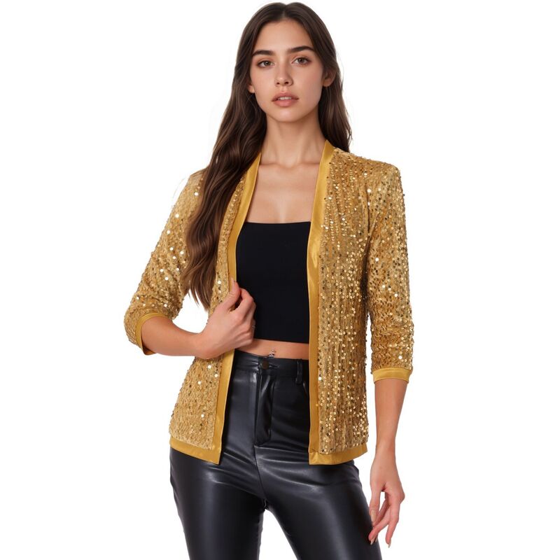 アレグラ ケー レディース アウター 上衣・上衣 天鵝絨 スパンコール ジレー ALLEGRA K Women\u0027shiny Sequin Open Front Collarless 3/4 Sleevelvet Cardigan Yellow 黄色