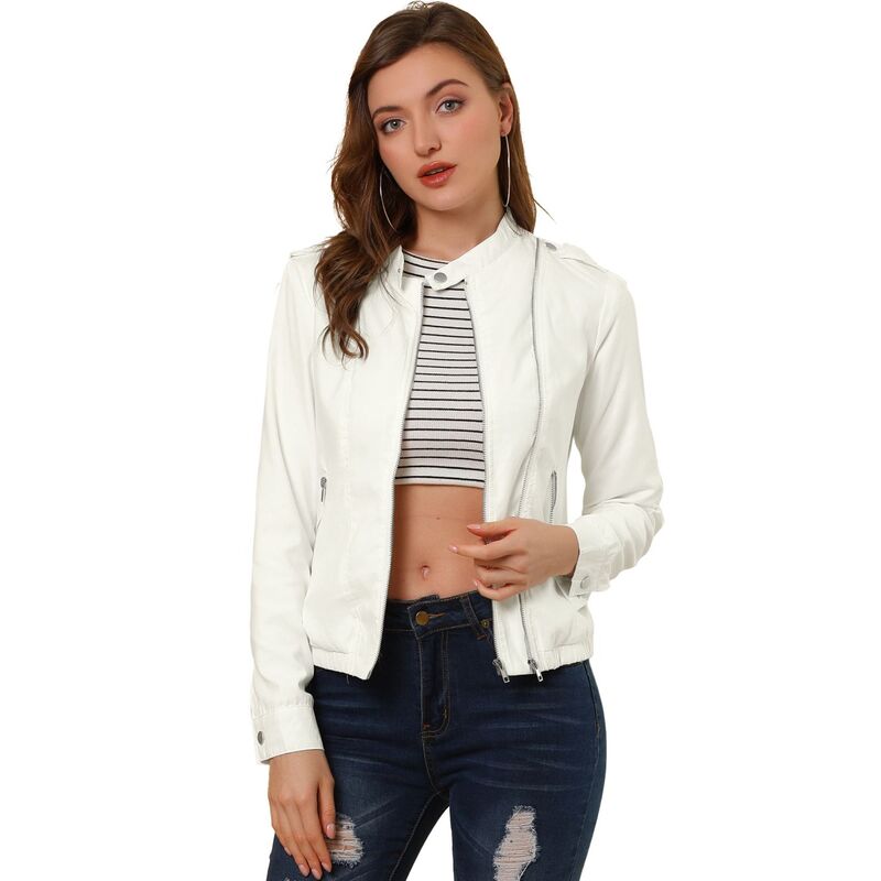 アレグラ ケー レディース アウター 上衣・上衣 ALLEGRA K Women\u0027s Lightweight Stand Collar Zip up Biker Moto Jacket White 白いこと