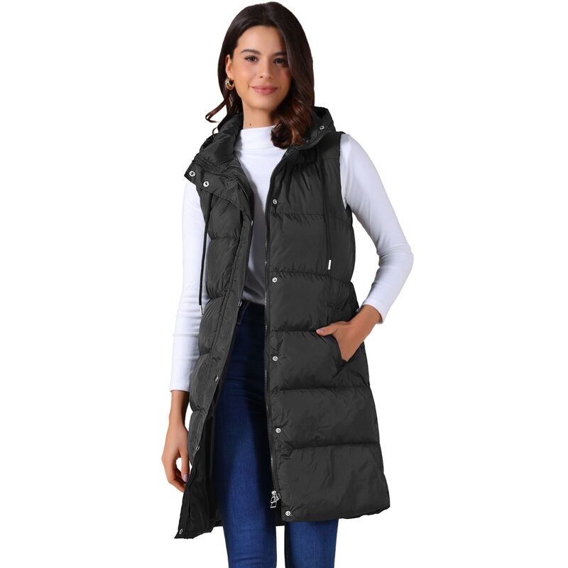 インスパイア 今めかしい レディース アウター 上衣・上衣 より良い ノースリーブ 落ちこむ INSPIRE CHIC Women\u0027s Long Puffer Vest Casual Sleeveless Hoodedown Jacket Black 黒いこと