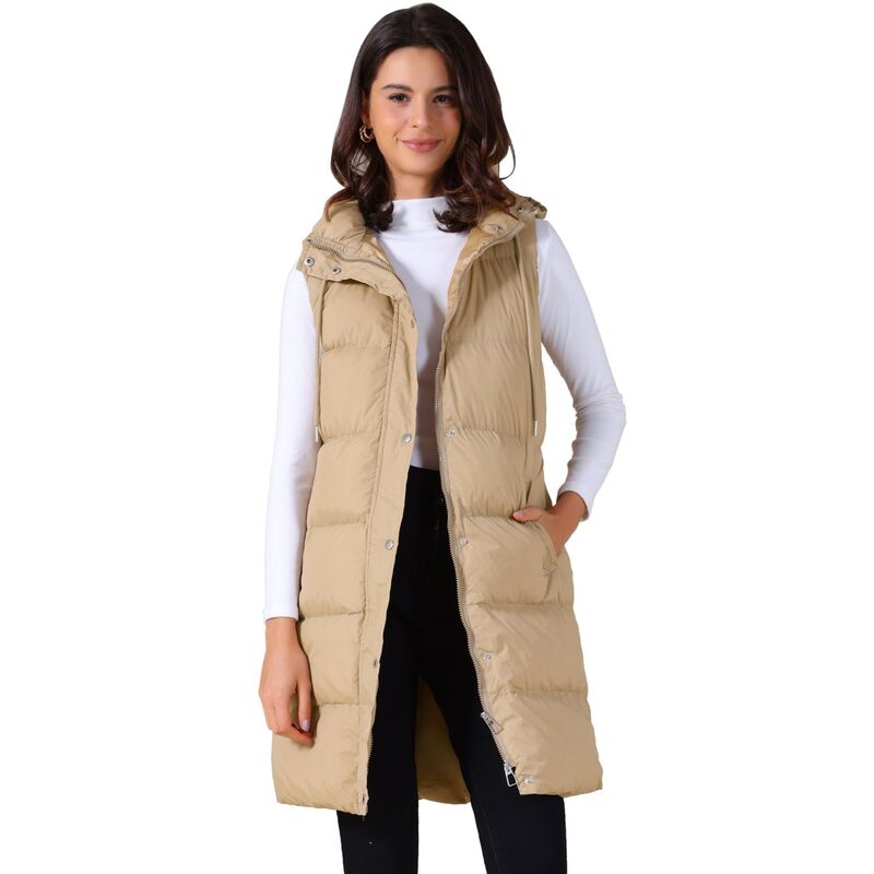 インスパイア 今めかしい レディース アウター 上衣・上衣 より良い ノースリーブ 落ちこむ INSPIRE CHIC Women\u0027s Long Puffer Vest Casual Sleeveless Hoodedown Jacket Khaki カーキ