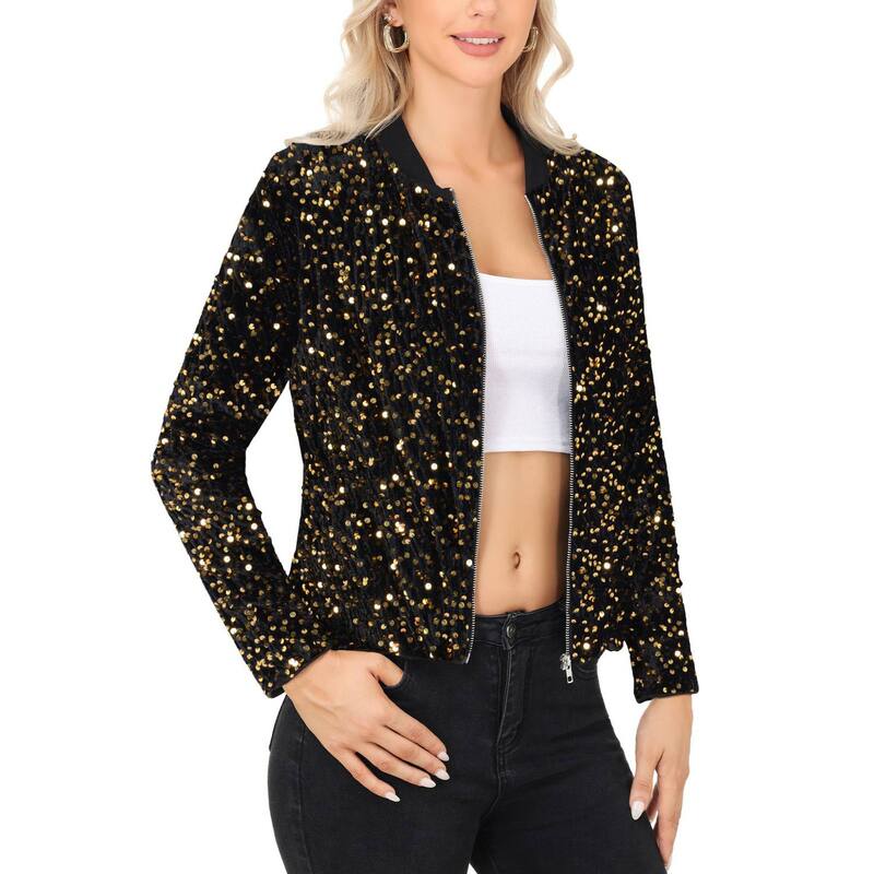 アンナカシ レディース アウター 上衣・上衣 肋材 スパンコール Anna-Kaci Women\u0027sequin Bomber Jacket with Front Zipper Closure and Ribbed Trim Black Gold 黒いこと