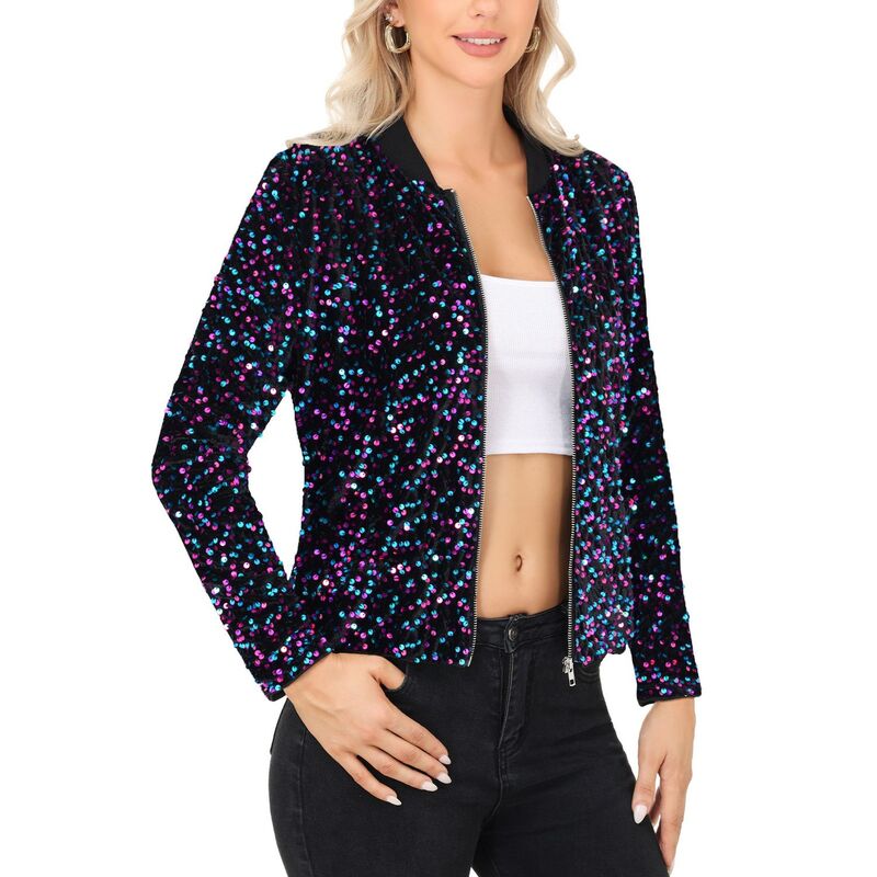 アンナカシ レディース アウター 上衣・上衣 肋材 スパンコール Anna-Kaci Women\u0027sequin Bomber Jacket with Front Zipper Closure and Ribbed Trim Black Purple 黒いこと