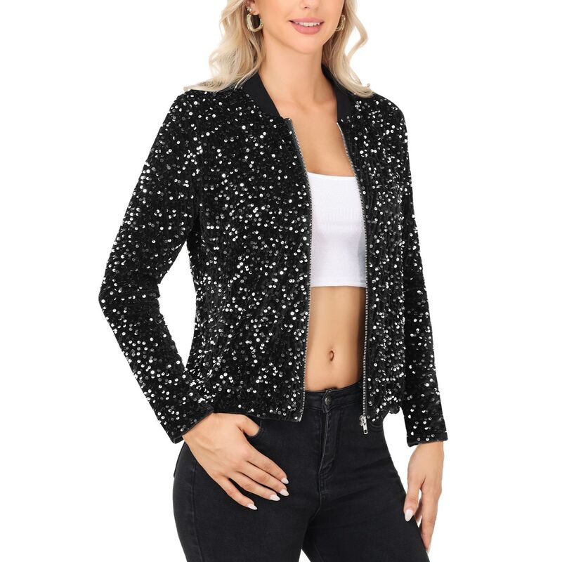 アンナカシ レディース アウター 上衣・上衣 肋材 スパンコール Anna-Kaci Women\u0027sequin Bomber Jacket with Front Zipper Closure and Ribbed Trim Black Sliver 黒いこと