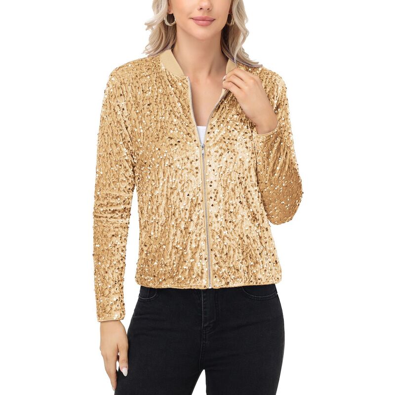 アンナカシ レディース アウター 上衣・上衣 肋材 スパンコール Anna-Kaci Women\u0027sequin Bomber Jacket with Front Zipper Closure and Ribbed Trim Gold ゴールド