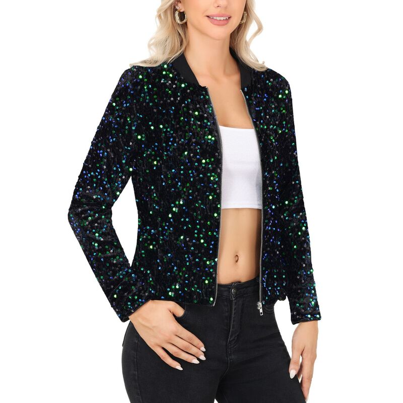 アンナカシ レディース アウター 上衣・上衣 肋材 スパンコール Anna-Kaci Women\u0027sequin Bomber Jacket with Front Zipper Closure and Ribbed Trim Green 緑であること