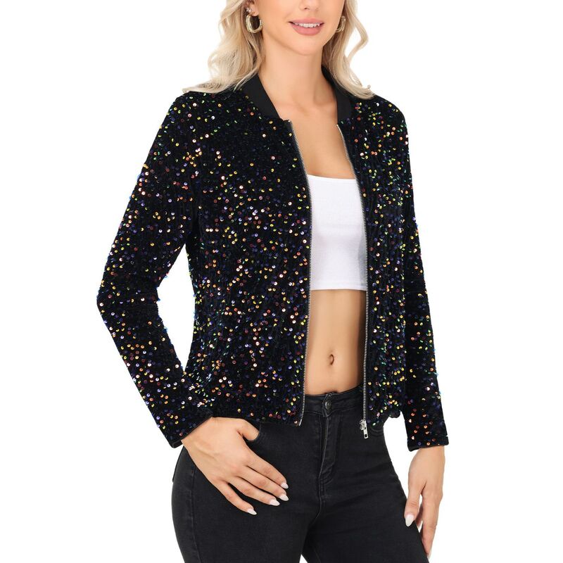 アンナカシ レディース アウター 上衣・上衣 肋材 スパンコール Anna-Kaci Women\u0027sequin Bomber Jacket with Front Zipper Closure and Ribbed Trimulticolor マルチ色合い