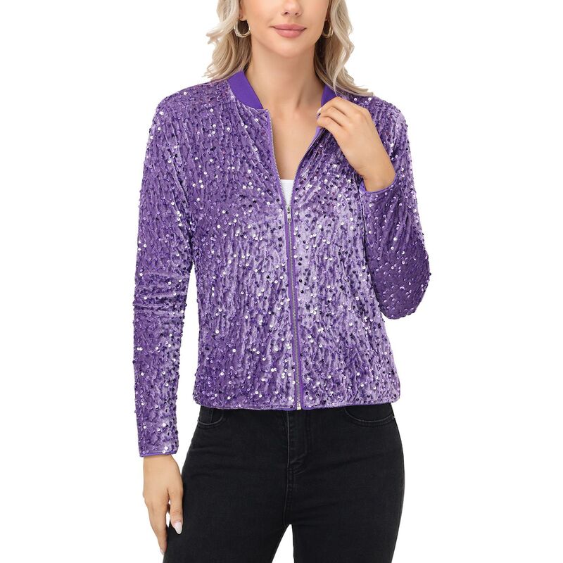 アンナカシ レディース アウター 上衣・上衣 肋材 スパンコール Anna-Kaci Women\u0027sequin Bomber Jacket with Front Zipper Closure and Ribbed Trim Purple パープル