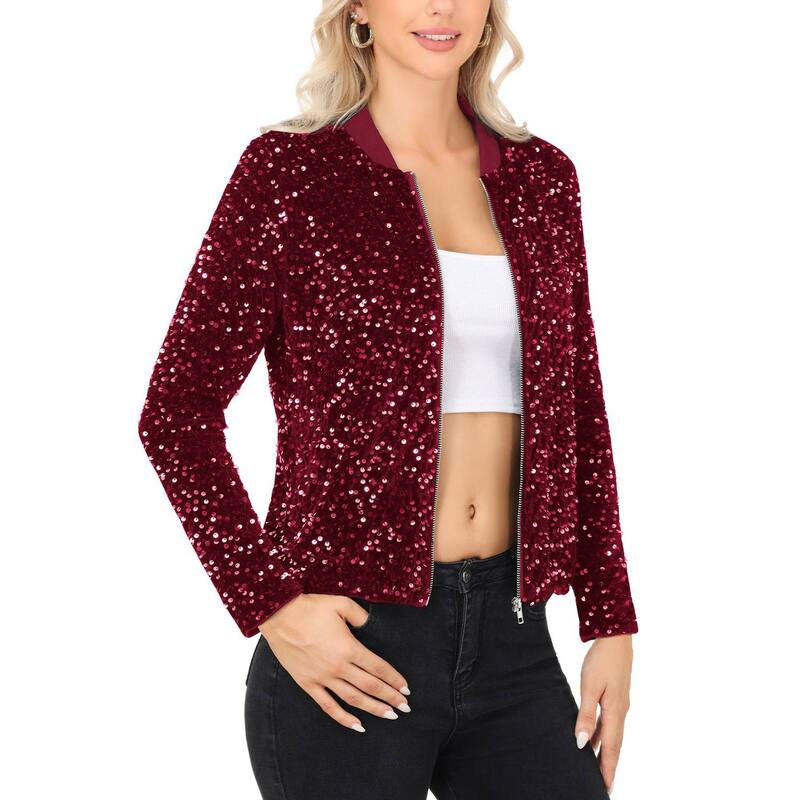 アンナカシ レディース アウター 上衣・上衣 肋材 スパンコール Anna-Kaci Women\u0027sequin Bomber Jacket with Front Zipper Closure and Ribbed Trim Red 赤いこと