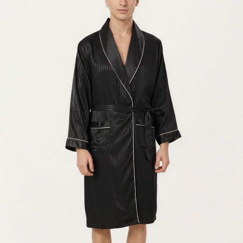 アンナカシ レディース アンダーお召しもの ナイト爵お召しもの 繻子 対比 Anna-Kaci Men\u0027satin Robe with Subtle Stripe Texture Contrastrim and Waistie Black 黒いこと