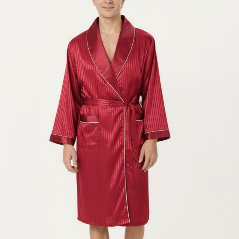 アンナカシ レディース アンダーお召しもの ナイト爵お召しもの 繻子 対比 Anna-Kaci Men\u0027satin Robe with Subtle Stripe Texture Contrastrim and Waistie Burgundy バーガンディ