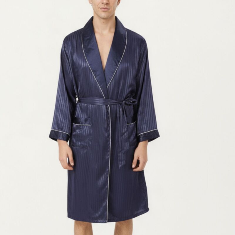 アンナカシ レディース アンダーお召しもの ナイト爵お召しもの 繻子 対比 Anna-Kaci Men\u0027satin Robe with Subtle Stripe Texture Contrastrim and Waistie Navy 米国海軍