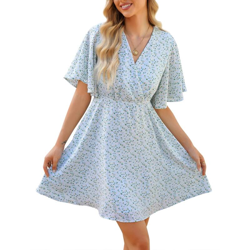 クリアフラワー レディース トップス ワンピース Vネック フリル ミニ ClearFlower Women'summer Swiss Dot Ruffle Short Sleeve Mini Dress Wrap V Neck Casual Swing Short Dress Yellow イエロー｜ReVida 店