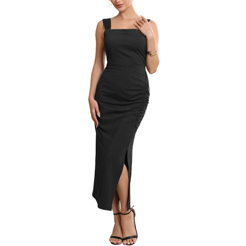 インスパイア シック レディース トップス ワンピース 背中開き ギャザー ノースリーブ INSPIRE CHIC Women's Cocktail Dress Bow Tie Backlessquare Neck Sleeveless Ruched Bodycon Dresses Black ブラック｜ReVida 店